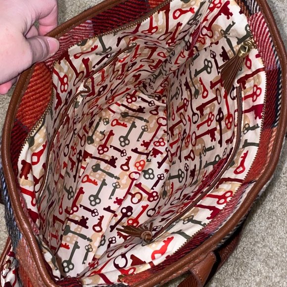 Vera Bradley Canyon Plaid Large Leather Trim Tote Bag w/ Keys Interior Print - Picture 7 of 11